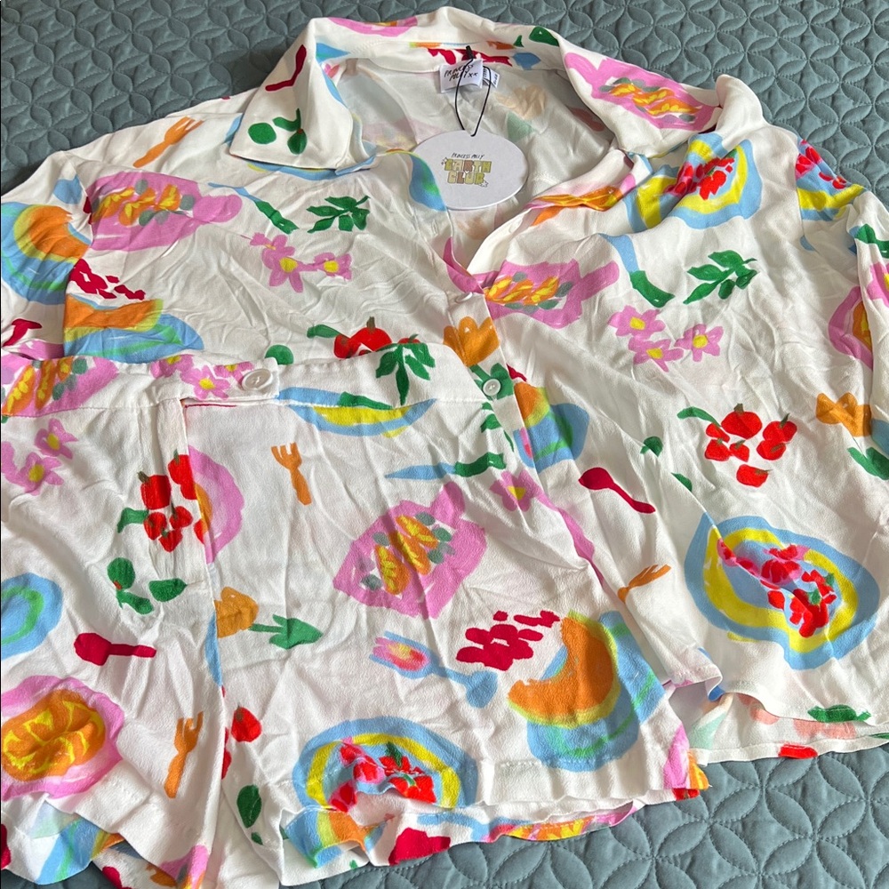 Princess Polly Colorful Button Down Shirt and shorts